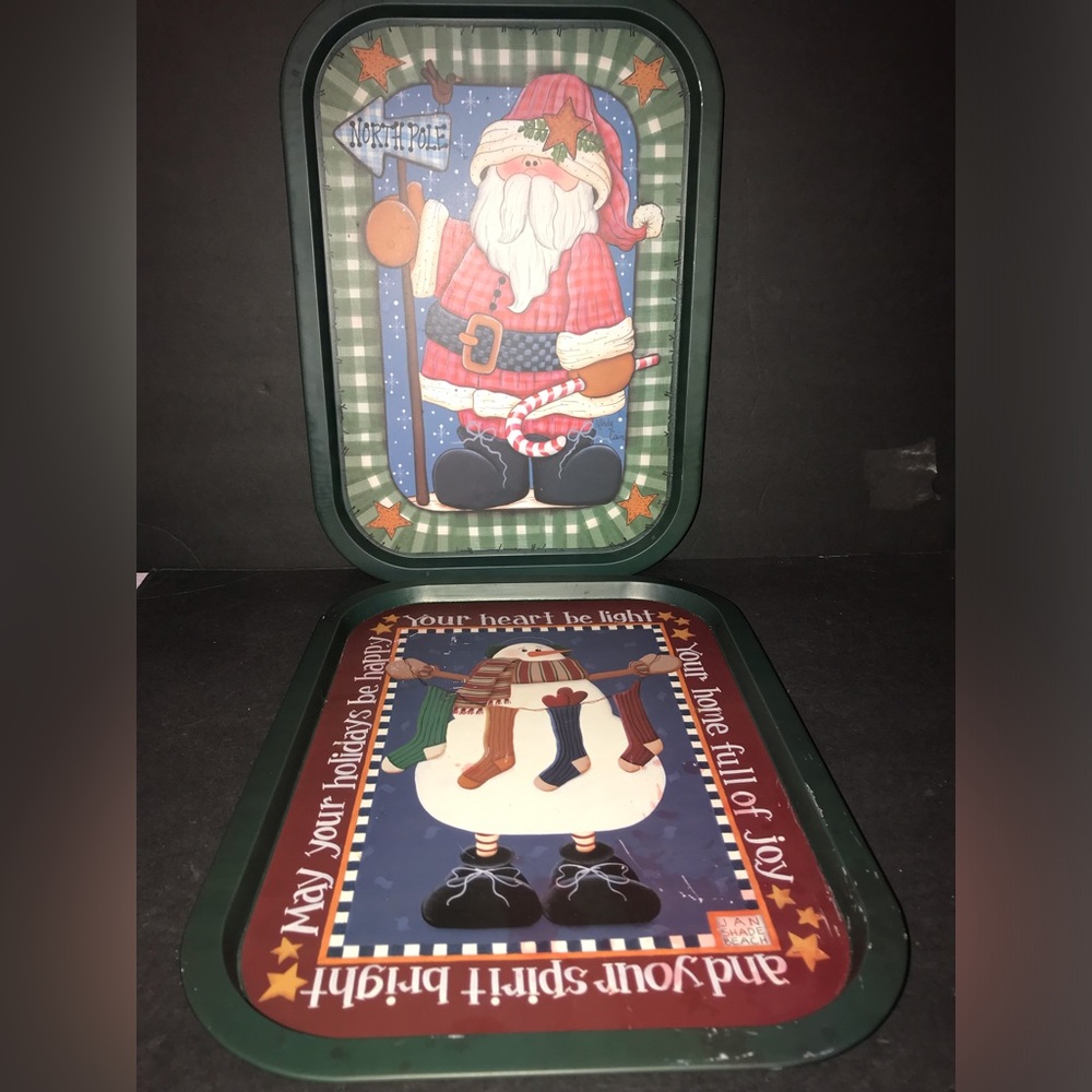 2 Vintage Christmas Santa & Snowman Tin Trays Primitive Folk Art Retro